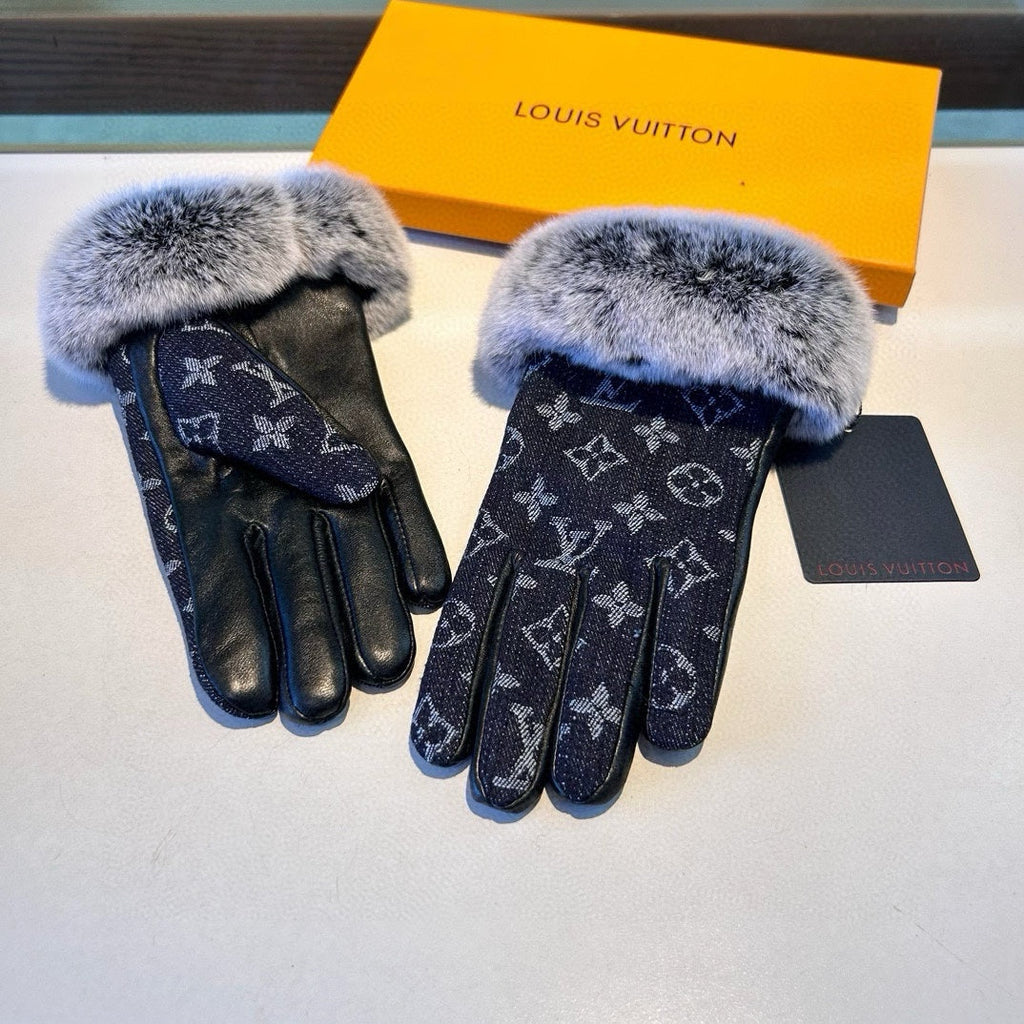 LOUIS VUITTON FINGERLESS GLOVES IN BLACK MONOGRAM DENIM AND LAMBSKIN WITH RABBIT FUR 458590