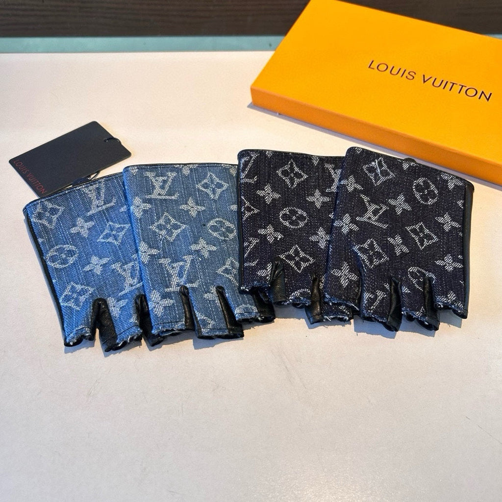 LOUIS VUITTON FINGERLESS GLOVES IN ELECTRIC BLUE MONOGRAM DENIM AND BLACK LAMBSKIN 460107