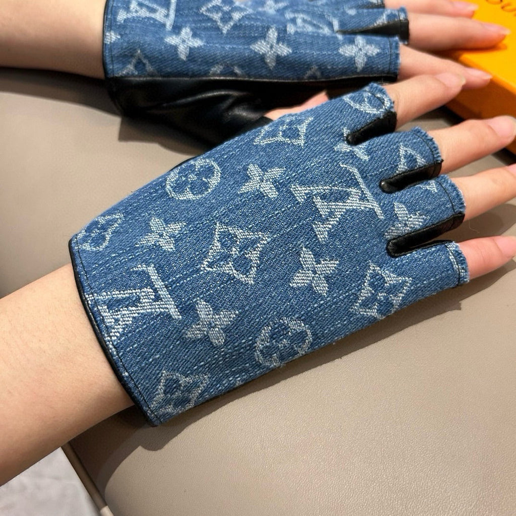 LOUIS VUITTON FINGERLESS GLOVES IN ELECTRIC BLUE MONOGRAM DENIM AND BLACK LAMBSKIN 460107