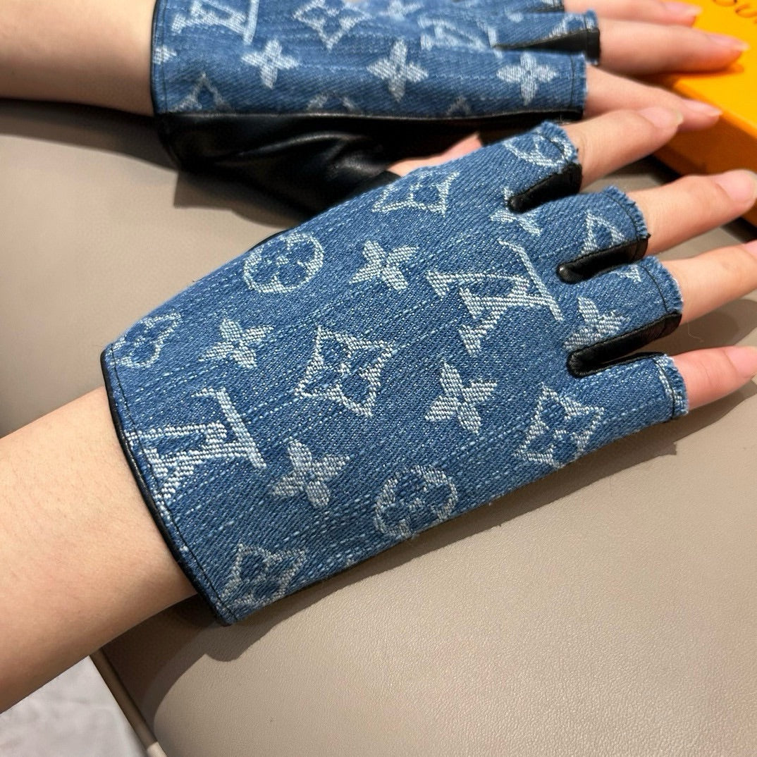 LOUIS VUITTON FINGERLESS GLOVES IN ELECTRIC BLUE MONOGRAM DENIM AND BLACK LAMBSKIN 460107