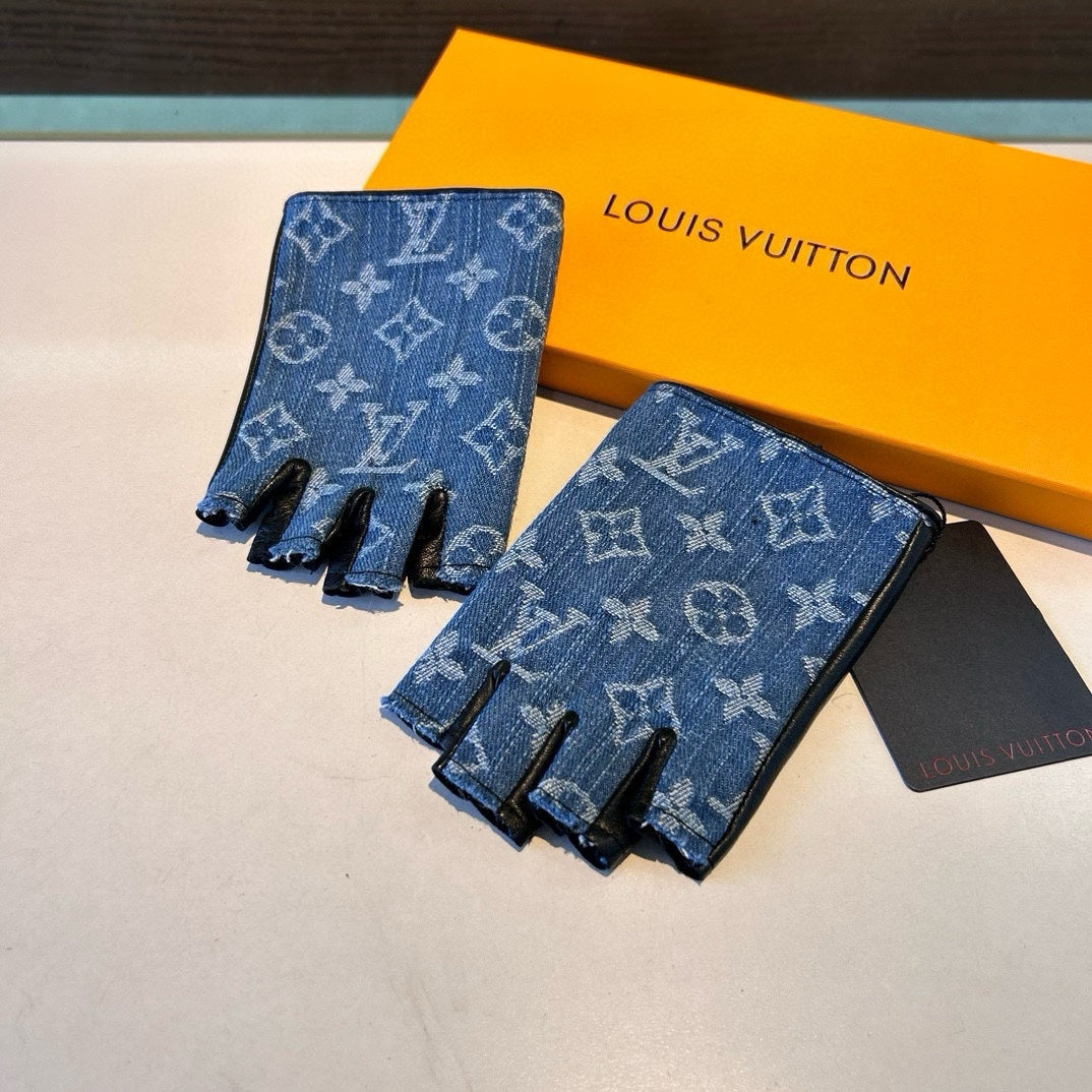 LOUIS VUITTON FINGERLESS GLOVES IN ELECTRIC BLUE MONOGRAM DENIM AND BLACK LAMBSKIN 460107