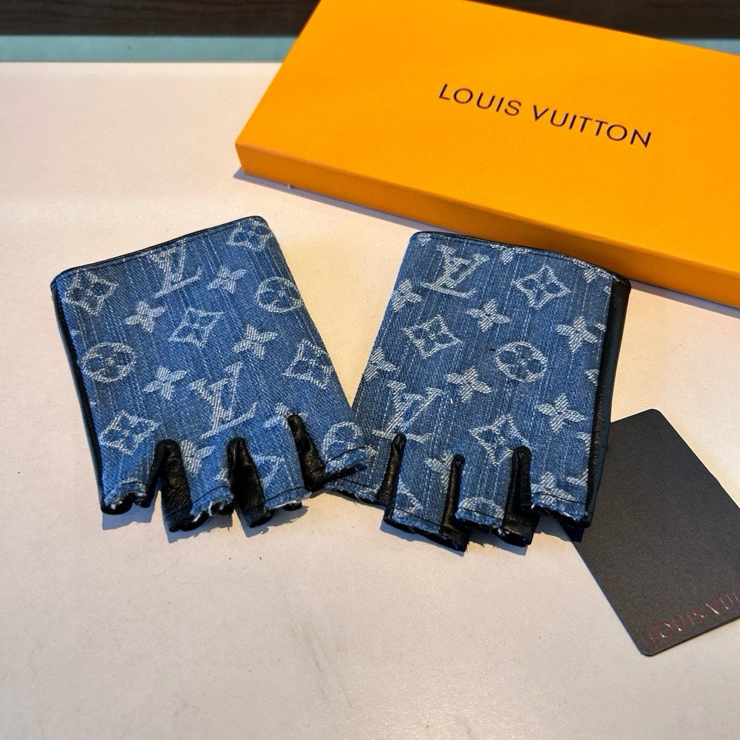 LOUIS VUITTON FINGERLESS GLOVES IN ELECTRIC BLUE MONOGRAM DENIM AND BLACK LAMBSKIN 460107