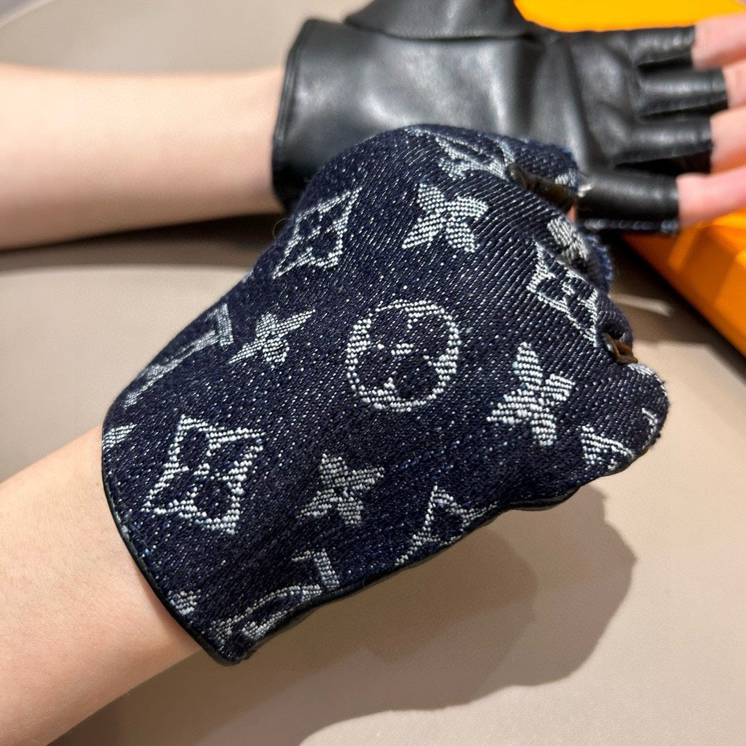 LOUIS VUITTON FINGERLESS GLOVES IN BLACK MONOGRAM DENIM AND LAMBSKIN 460108
