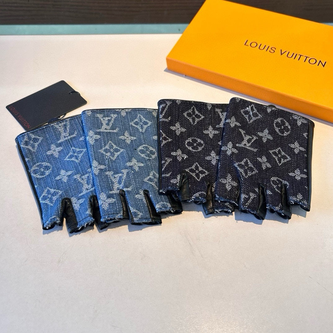 LOUIS VUITTON FINGERLESS GLOVES IN BLACK MONOGRAM DENIM AND LAMBSKIN 460108