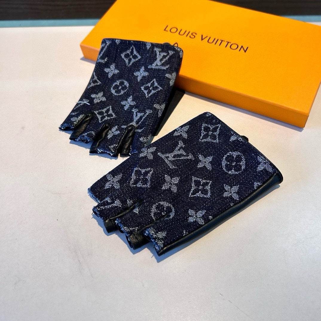 LOUIS VUITTON FINGERLESS GLOVES IN BLACK MONOGRAM DENIM AND LAMBSKIN 460108