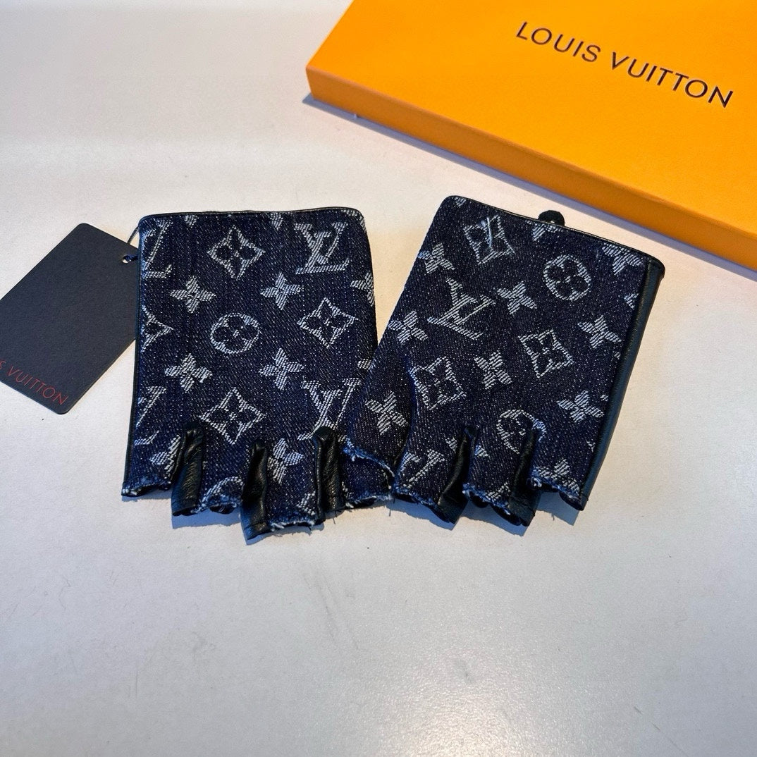 LOUIS VUITTON FINGERLESS GLOVES IN BLACK MONOGRAM DENIM AND LAMBSKIN 460108