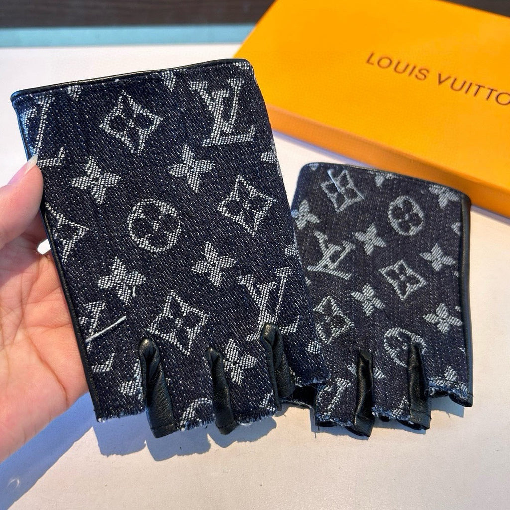 LOUIS VUITTON FINGERLESS GLOVES IN BLACK MONOGRAM DENIM AND LAMBSKIN 460108