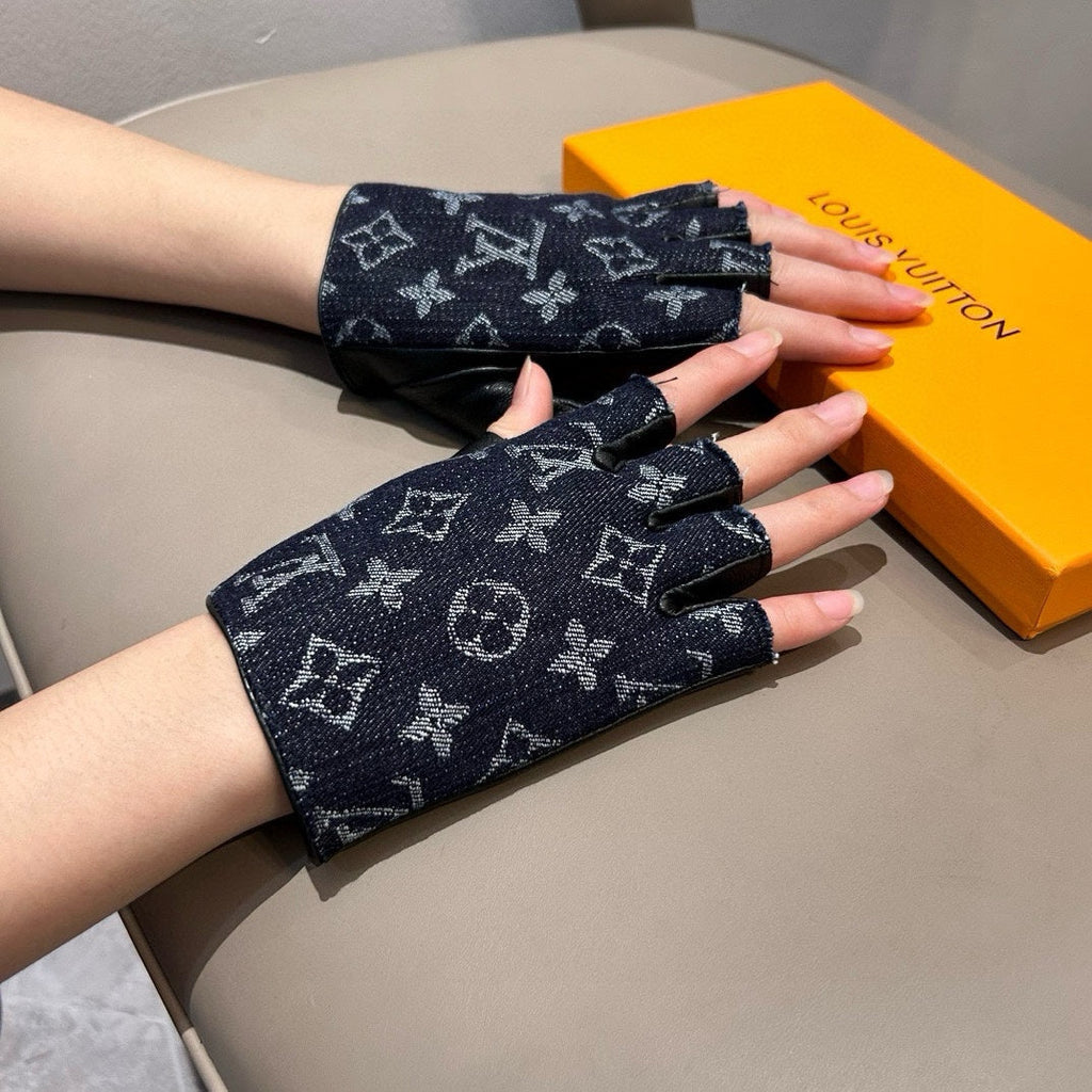 LOUIS VUITTON FINGERLESS GLOVES IN BLACK MONOGRAM DENIM AND LAMBSKIN 460108