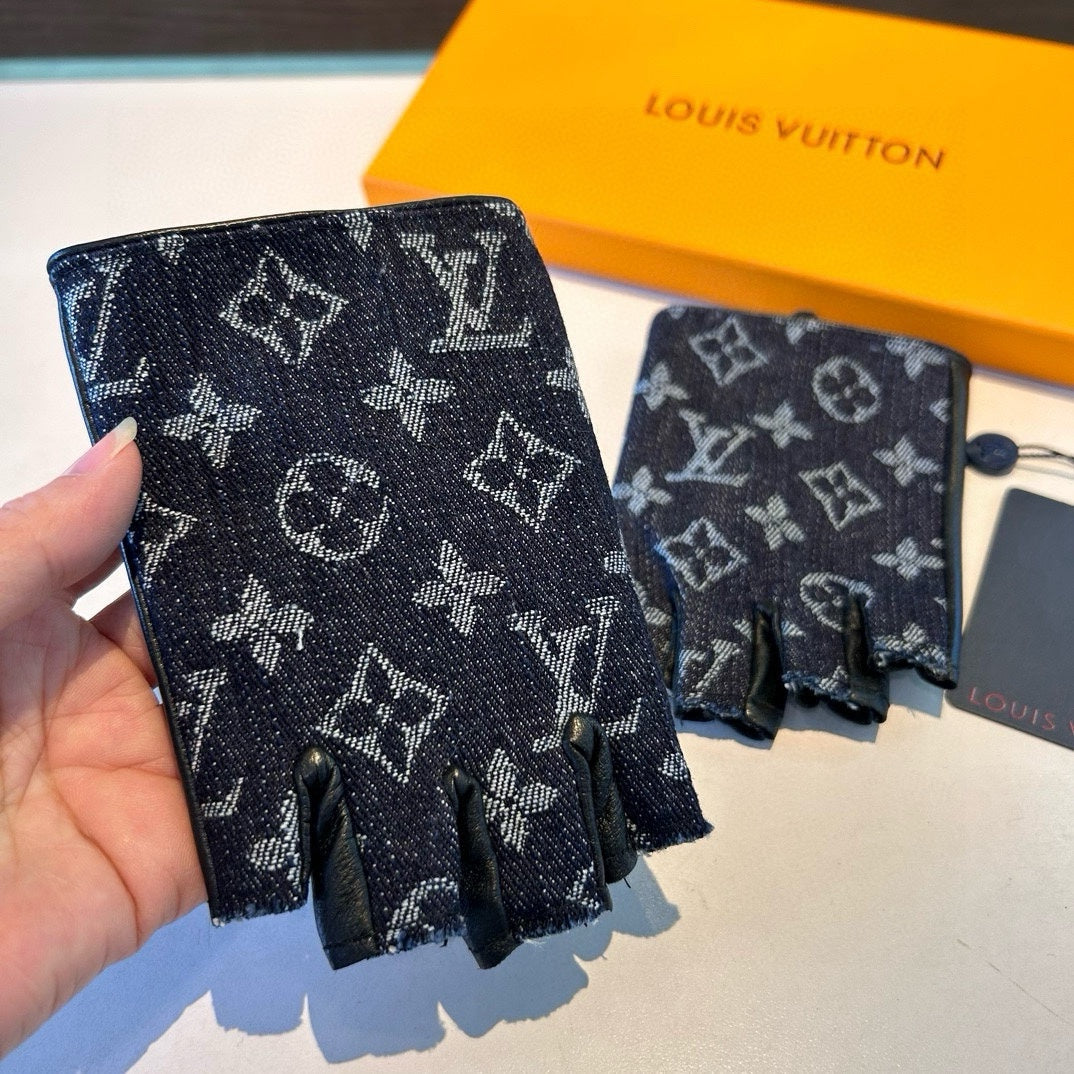 LOUIS VUITTON FINGERLESS GLOVES IN BLACK MONOGRAM DENIM AND LAMBSKIN 460108