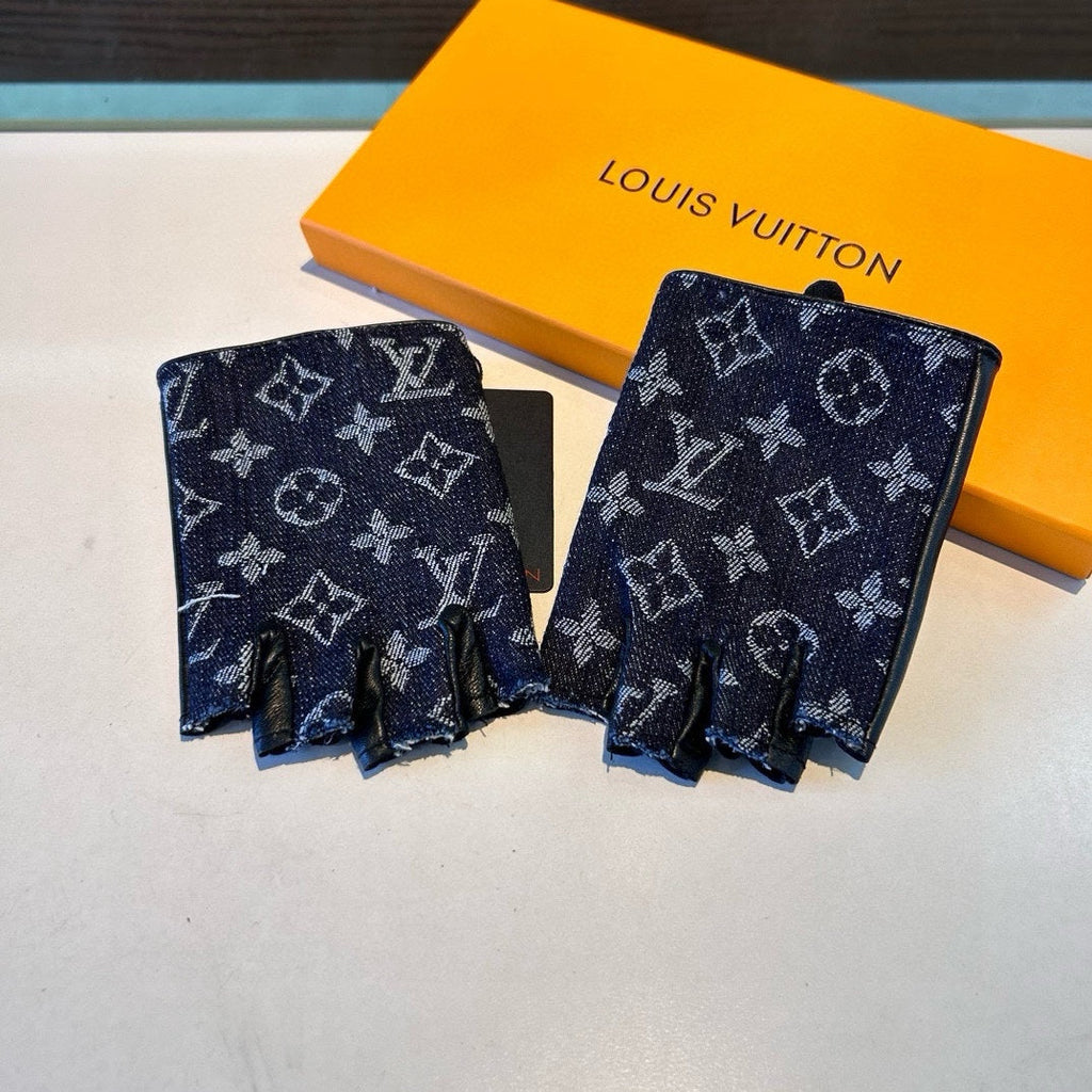 LOUIS VUITTON FINGERLESS GLOVES IN BLACK MONOGRAM DENIM AND LAMBSKIN 460108