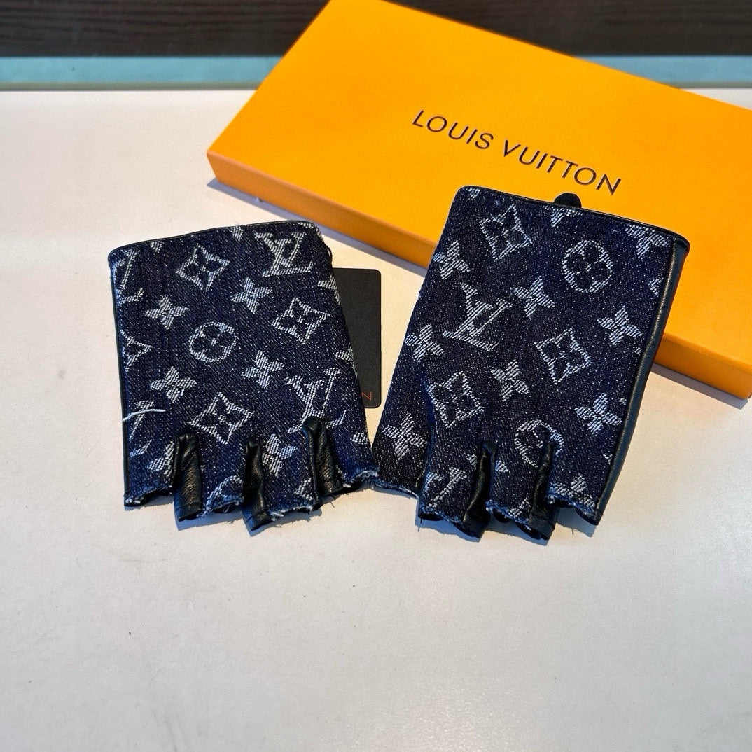 LOUIS VUITTON FINGERLESS GLOVES IN BLACK MONOGRAM DENIM AND LAMBSKIN 460108