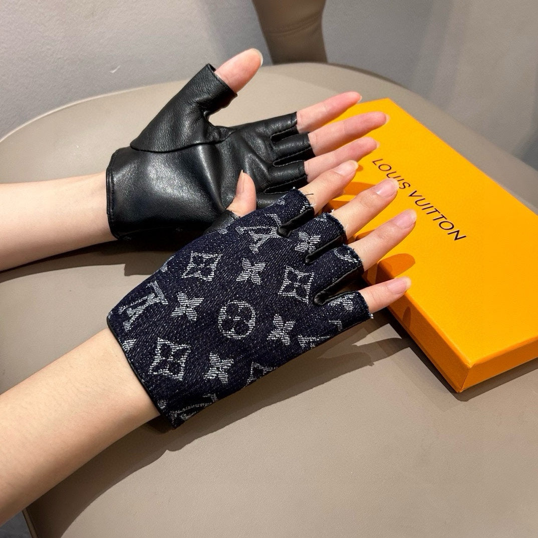 LOUIS VUITTON FINGERLESS GLOVES IN BLACK MONOGRAM DENIM AND LAMBSKIN 460108