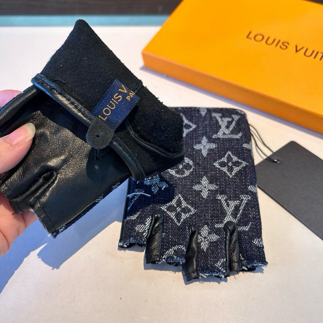 LOUIS VUITTON FINGERLESS GLOVES IN BLACK MONOGRAM DENIM AND LAMBSKIN 460108