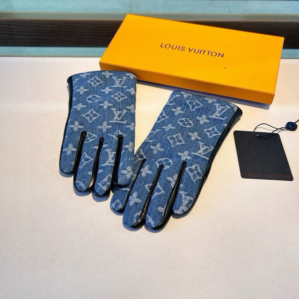 LOUIS VUITTON GLOVES IN ELECTRIC BLUE MONOGRAM DENIM AND BLACK LAMBSKIN 460110