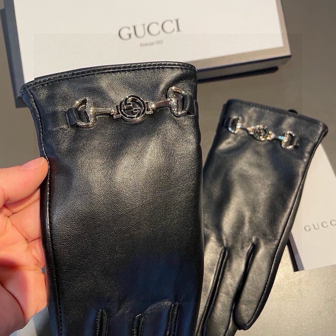 GUCCI TOUCHSCREEN GLOVES IN BLACK LAMBSKIN AND CASHMERE LINING 462259