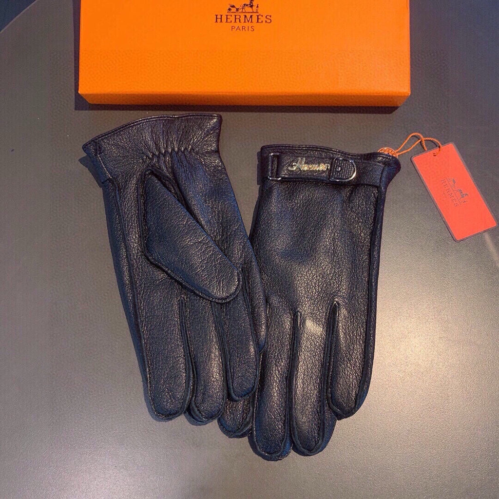 HERMES GLOVES IN BLACK DEERSKIN WITH LAMB FUR LINING 465015