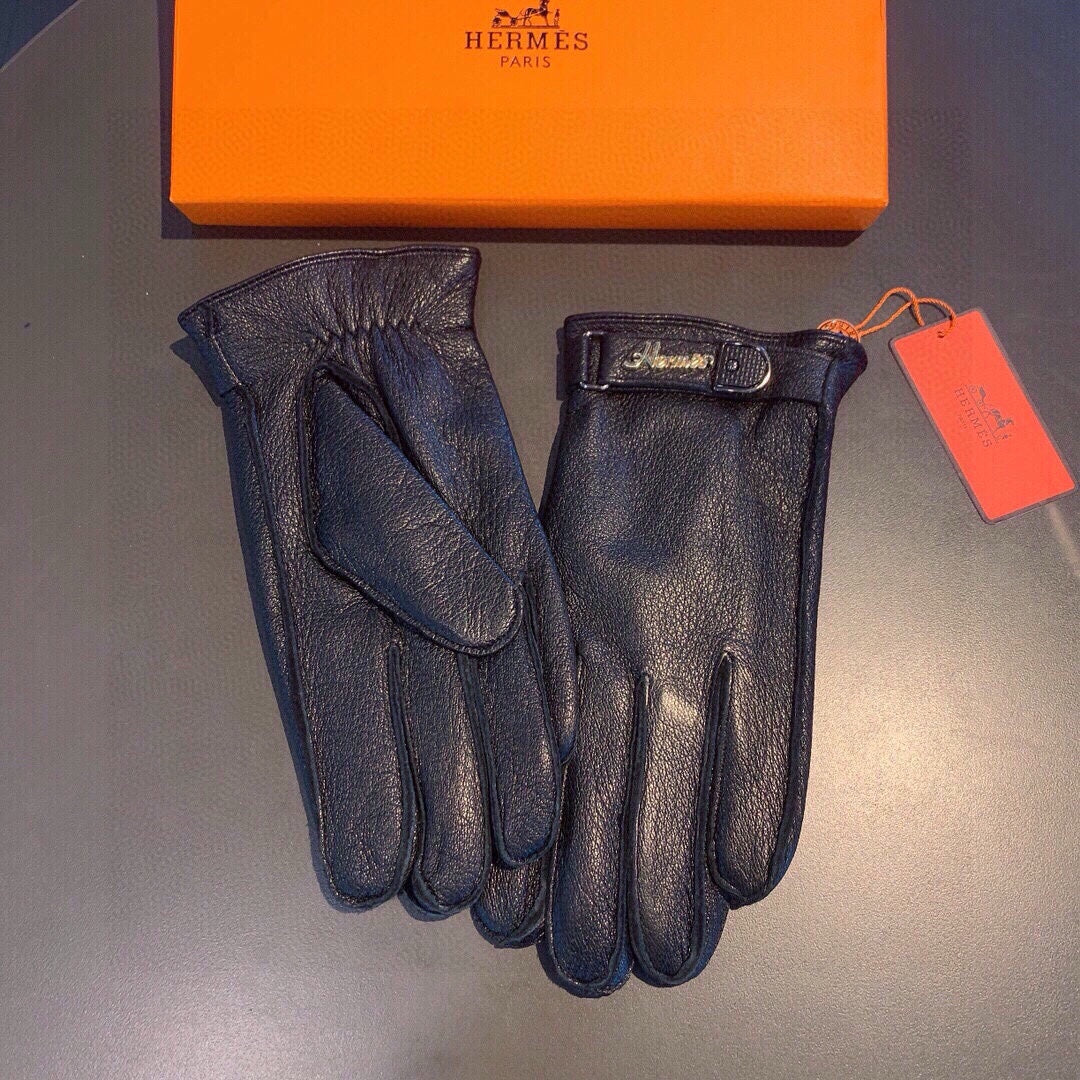 HERMES GLOVES IN BLACK DEERSKIN WITH LAMB FUR LINING 465015