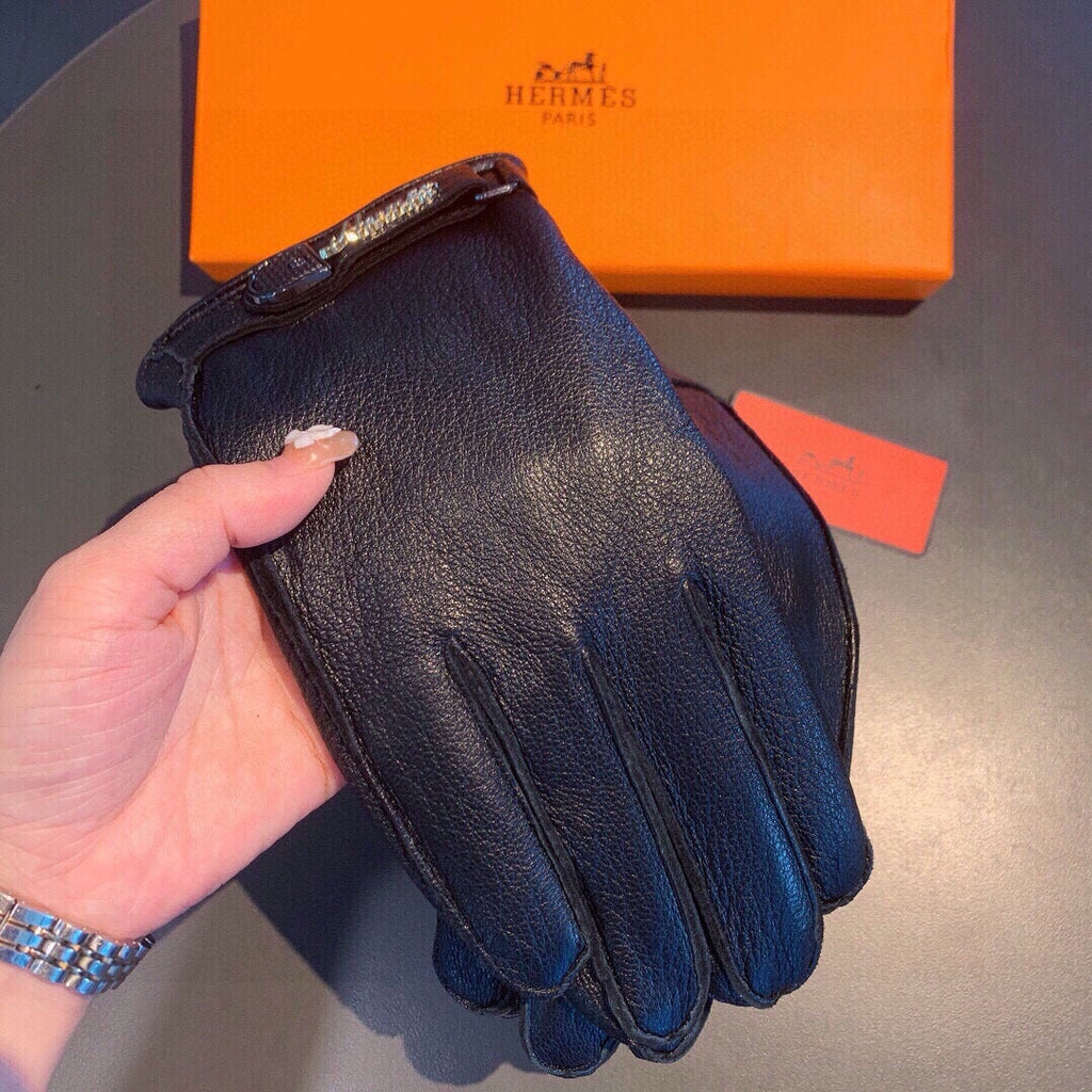 HERMES GLOVES IN BLACK DEERSKIN WITH LAMB FUR LINING 465015