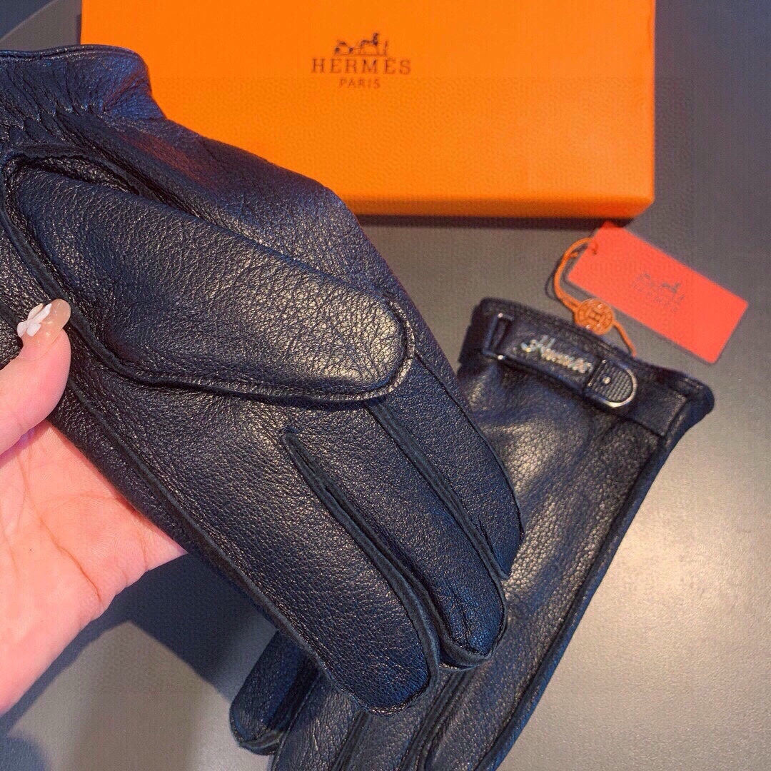 HERMES GLOVES IN BLACK DEERSKIN WITH LAMB FUR LINING 465015