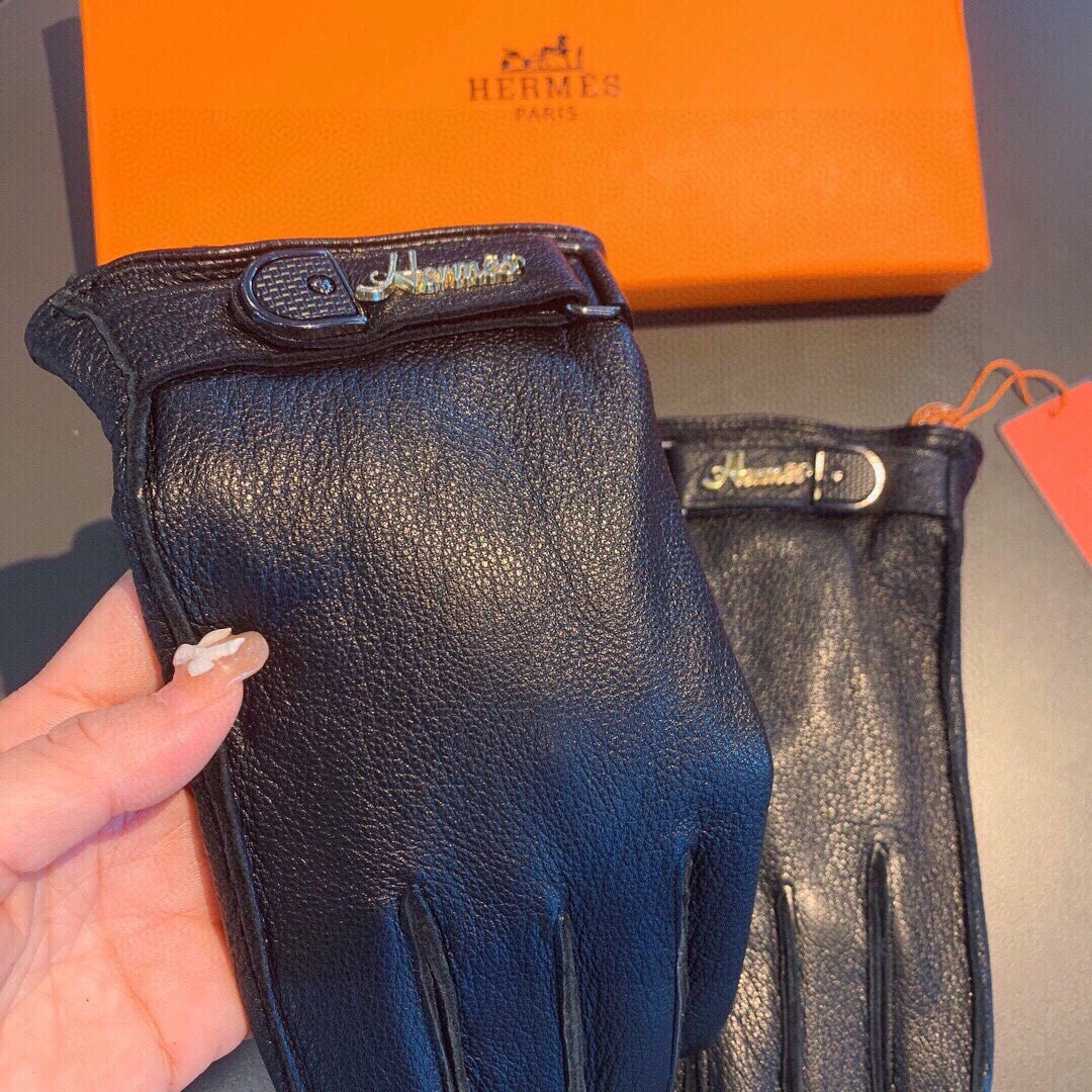 HERMES GLOVES IN BLACK DEERSKIN WITH LAMB FUR LINING 465015