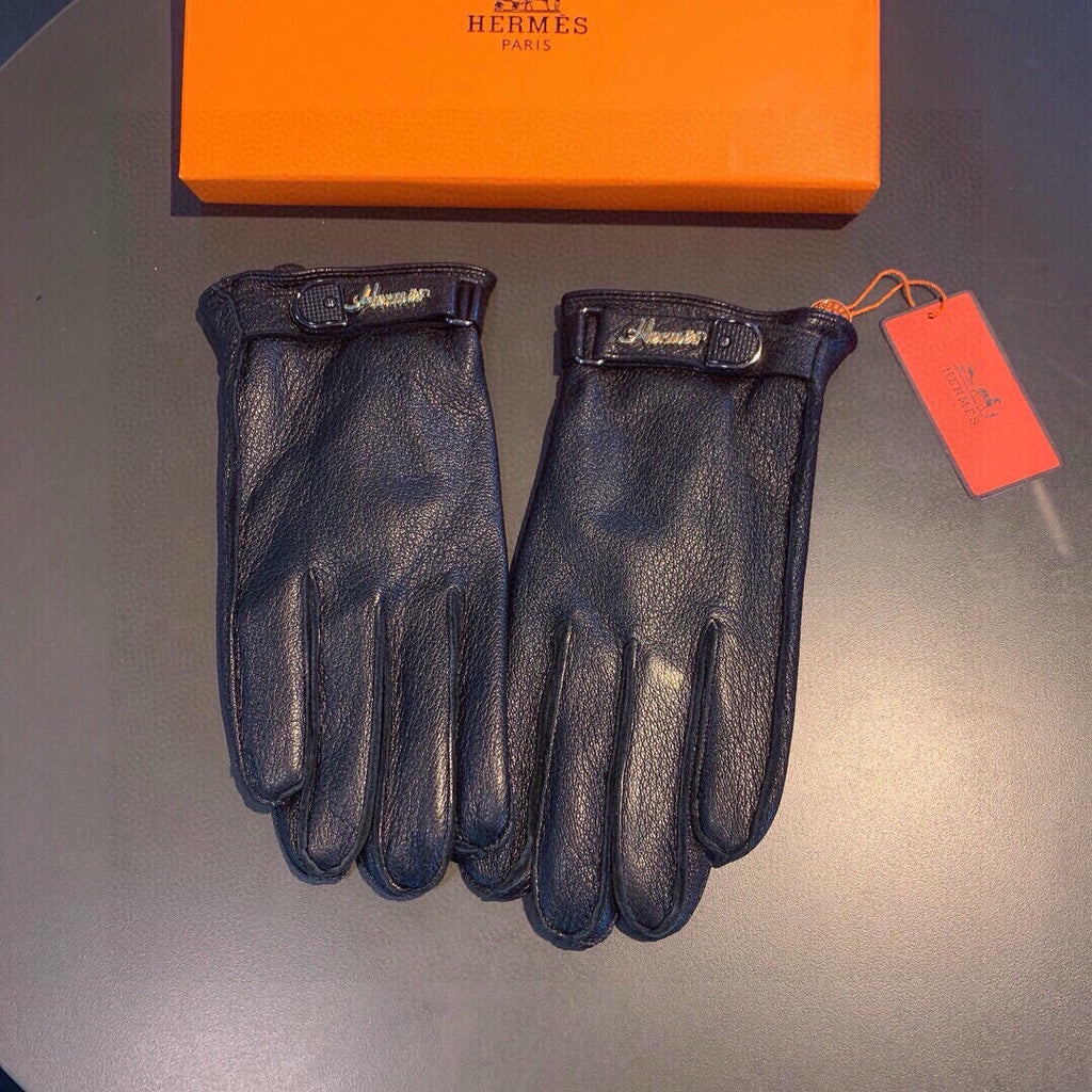 HERMES GLOVES IN BLACK DEERSKIN WITH LAMB FUR LINING 465015