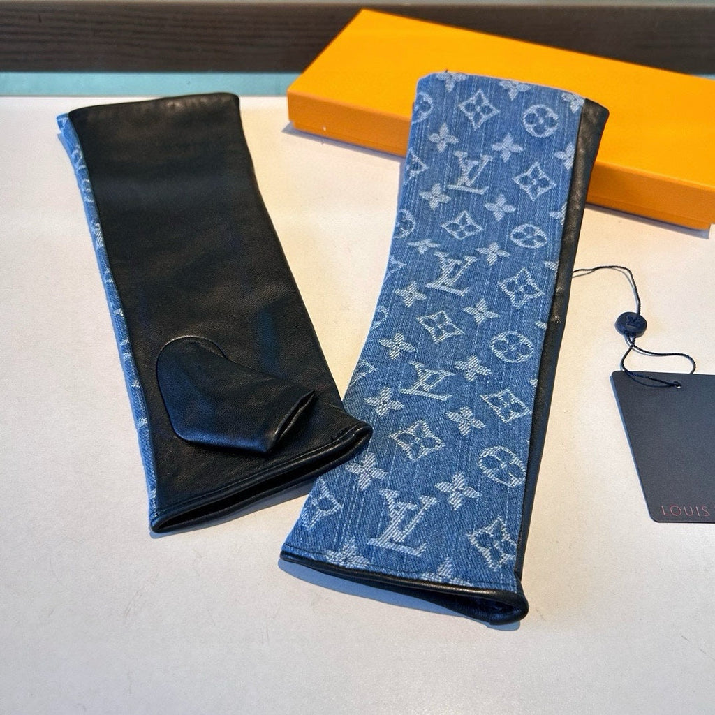 LOUIS VUITTON FINGERLESS LONG GLOVES IN AZURE BLUE MONOGRAM DENIM AND BLACK LAMBSKIN