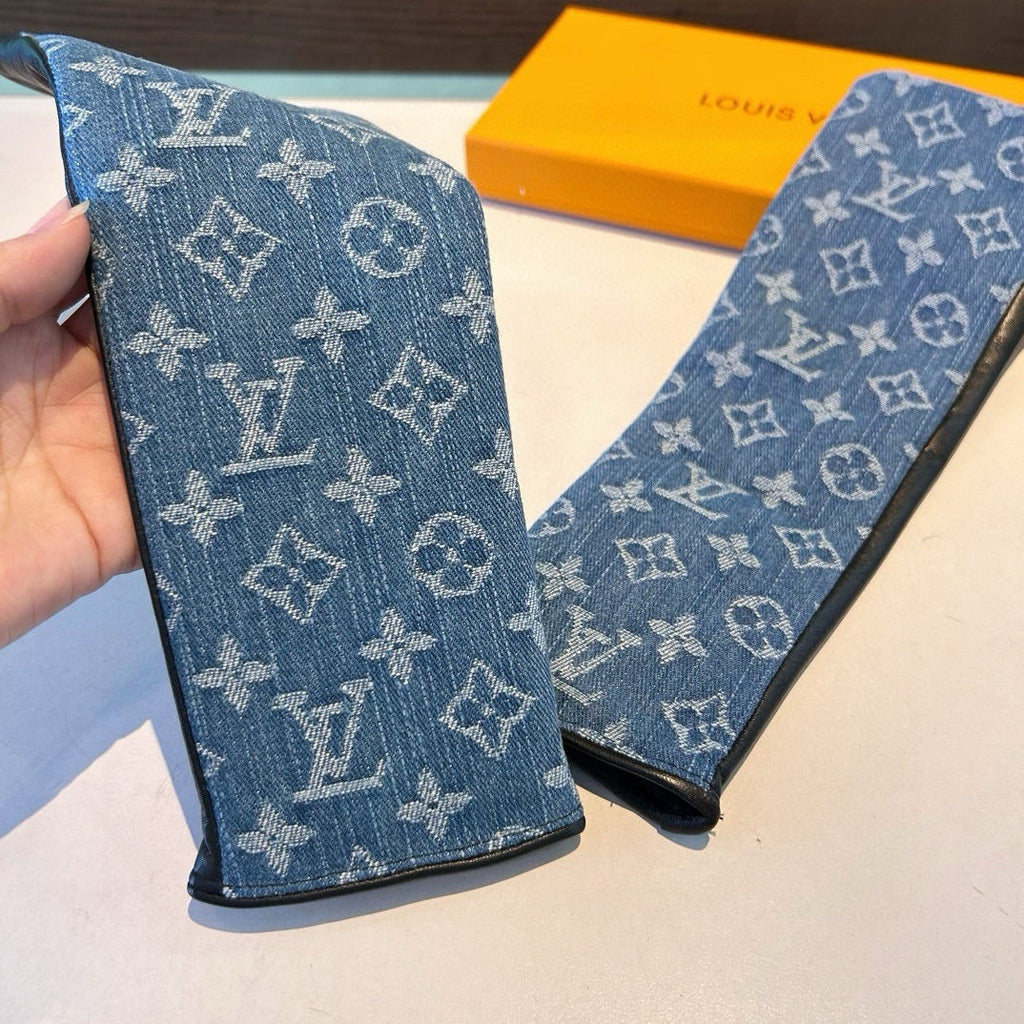 LOUIS VUITTON FINGERLESS LONG GLOVES IN AZURE BLUE MONOGRAM DENIM AND BLACK LAMBSKIN