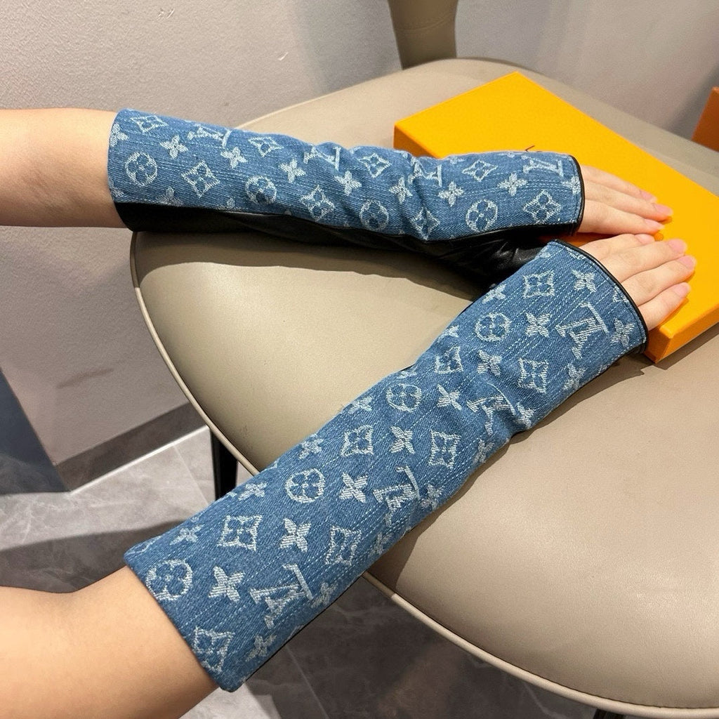 LOUIS VUITTON FINGERLESS LONG GLOVES IN AZURE BLUE MONOGRAM DENIM AND BLACK LAMBSKIN