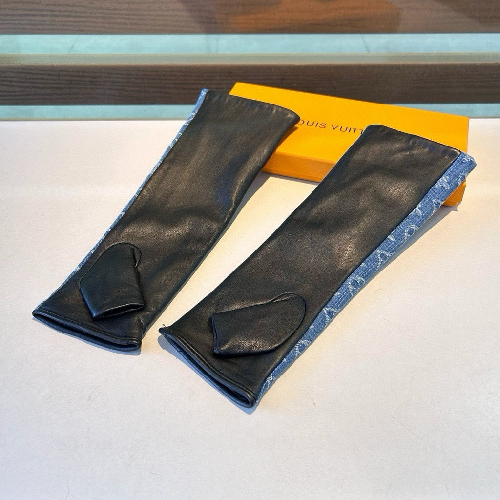 LOUIS VUITTON FINGERLESS LONG GLOVES IN AZURE BLUE MONOGRAM DENIM AND BLACK LAMBSKIN