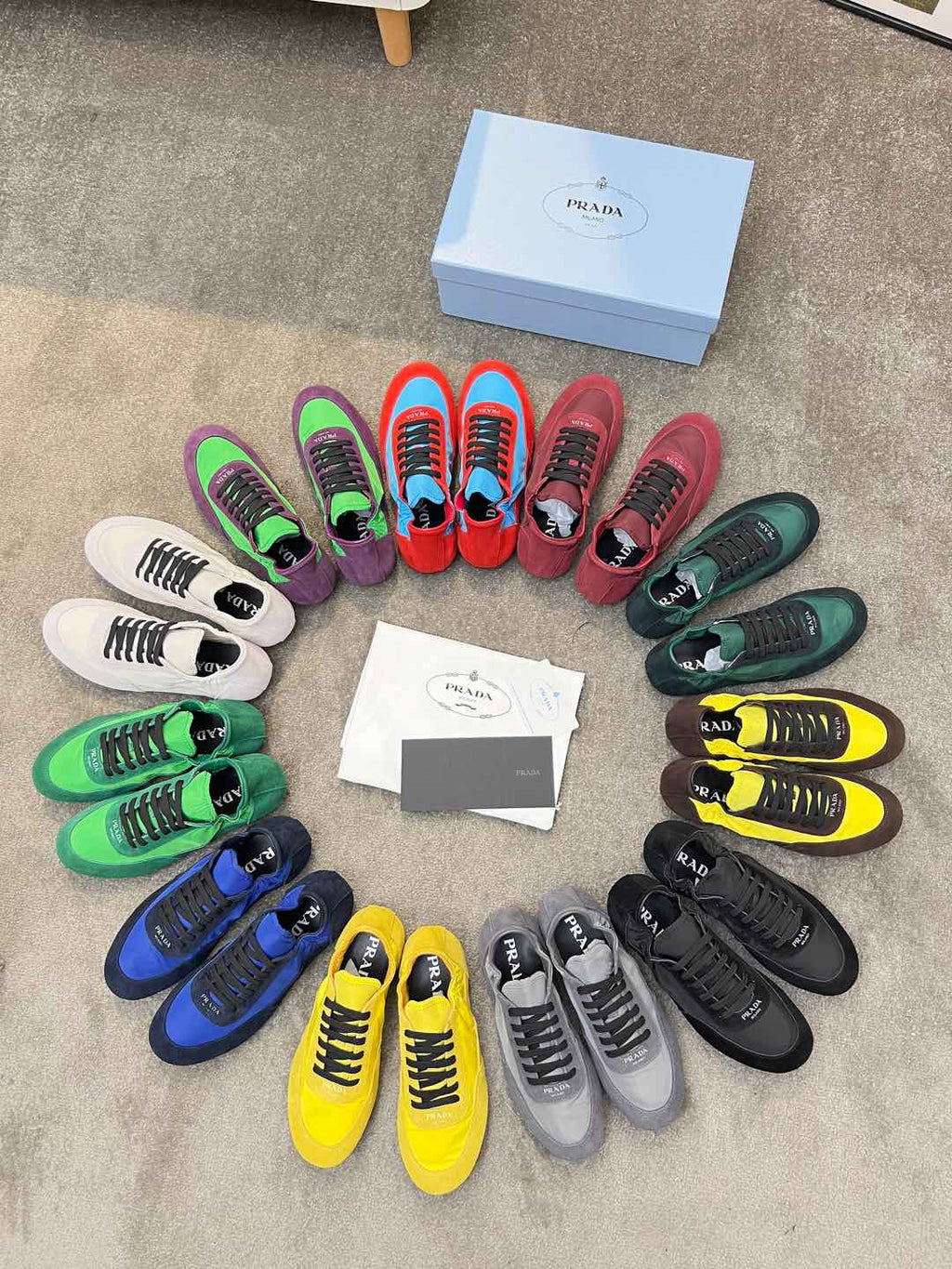 PRADA COLLAPSE SNEAKERS IN RED SUEDE AND SKY BLUE NYLON