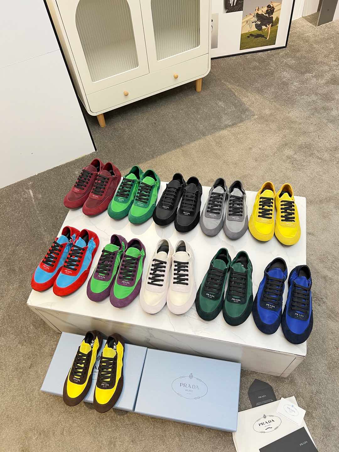 PRADA COLLAPSE SNEAKERS IN BLACK SUEDE AND FOREST GREEN NYLON