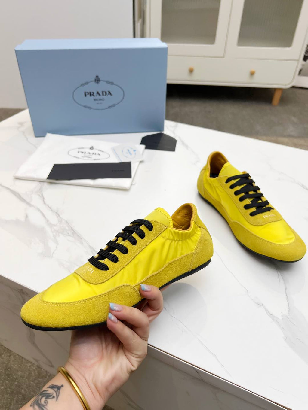 PRADA COLLAPSE SNEAKERS IN YELLOW SUEDE AND NYLON