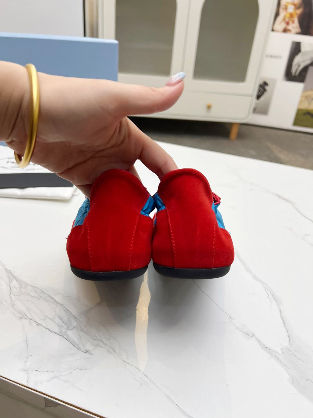 PRADA COLLAPSE SNEAKERS IN RED SUEDE AND SKY BLUE NYLON