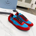 PRADA COLLAPSE SNEAKERS IN RED SUEDE AND SKY BLUE NYLON
