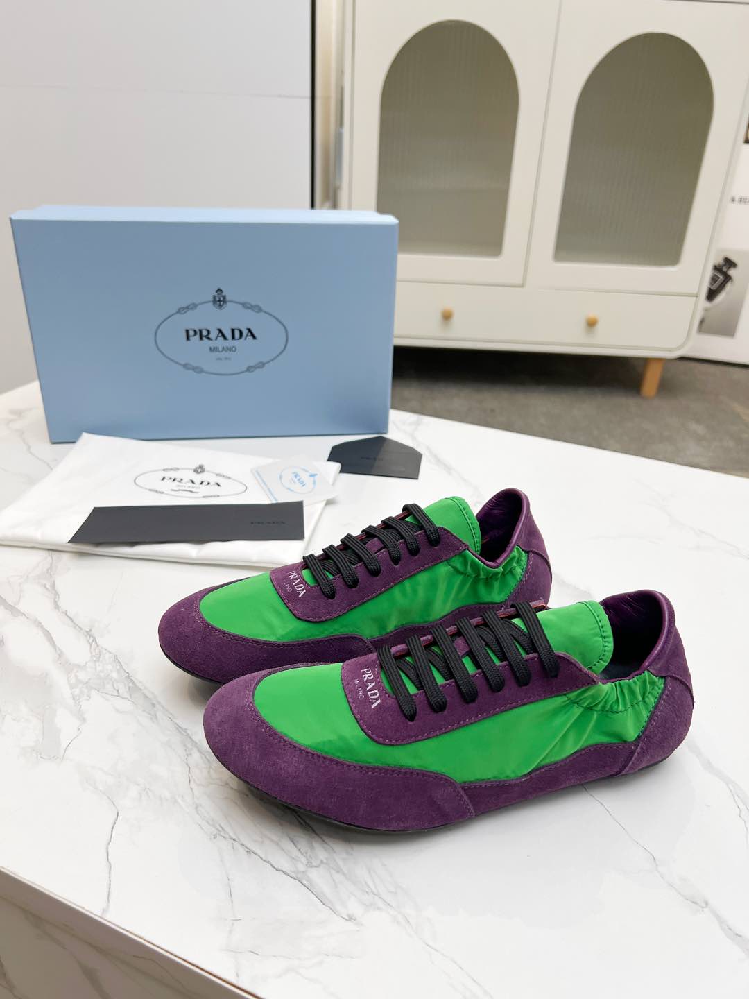 PRADA COLLAPSE SNEAKERS IN PURPLE SUEDE AND GREEN NYLON