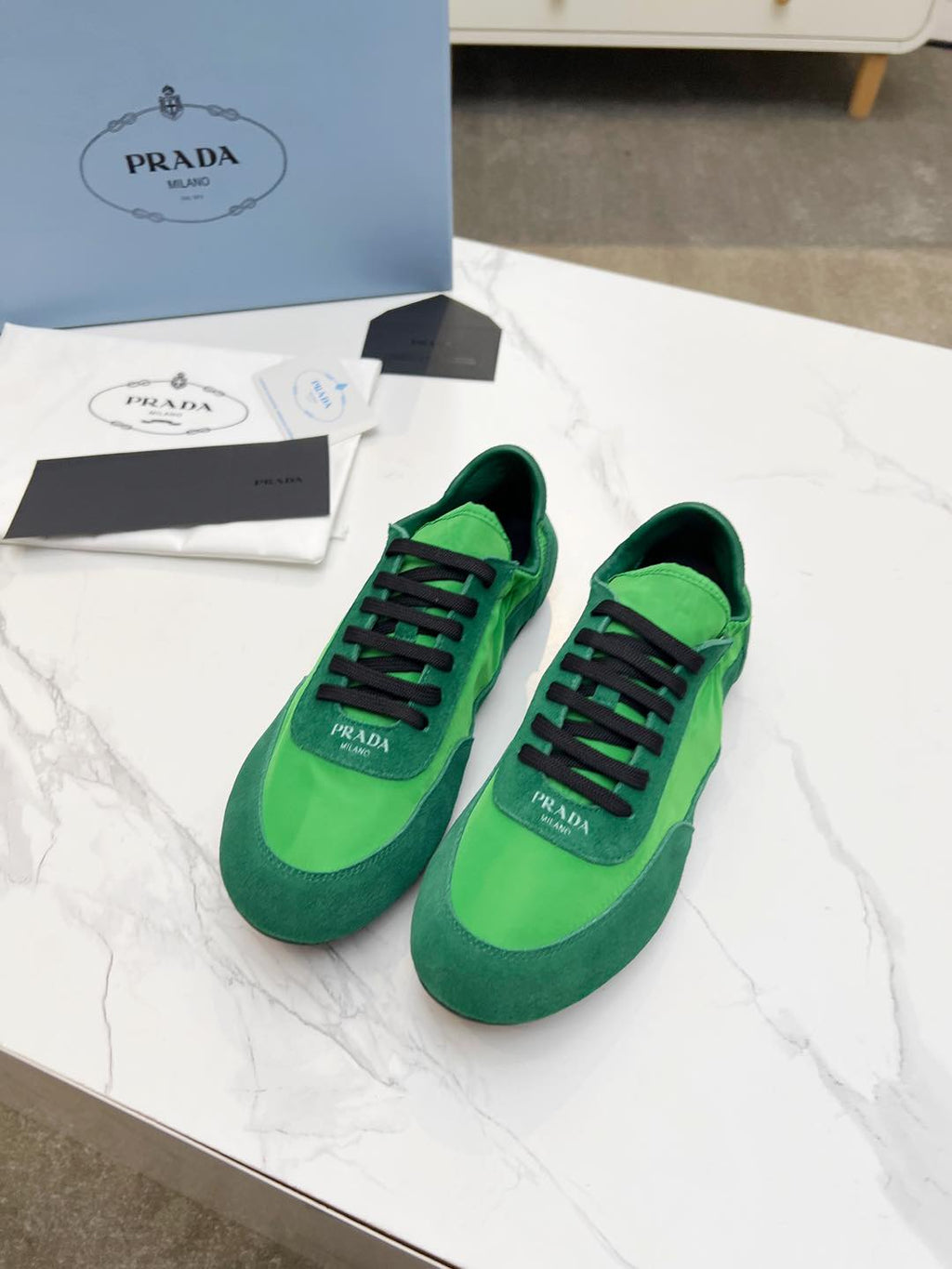 PRADA COLLAPSE SNEAKERS IN GREEN SUEDE AND NYLON
