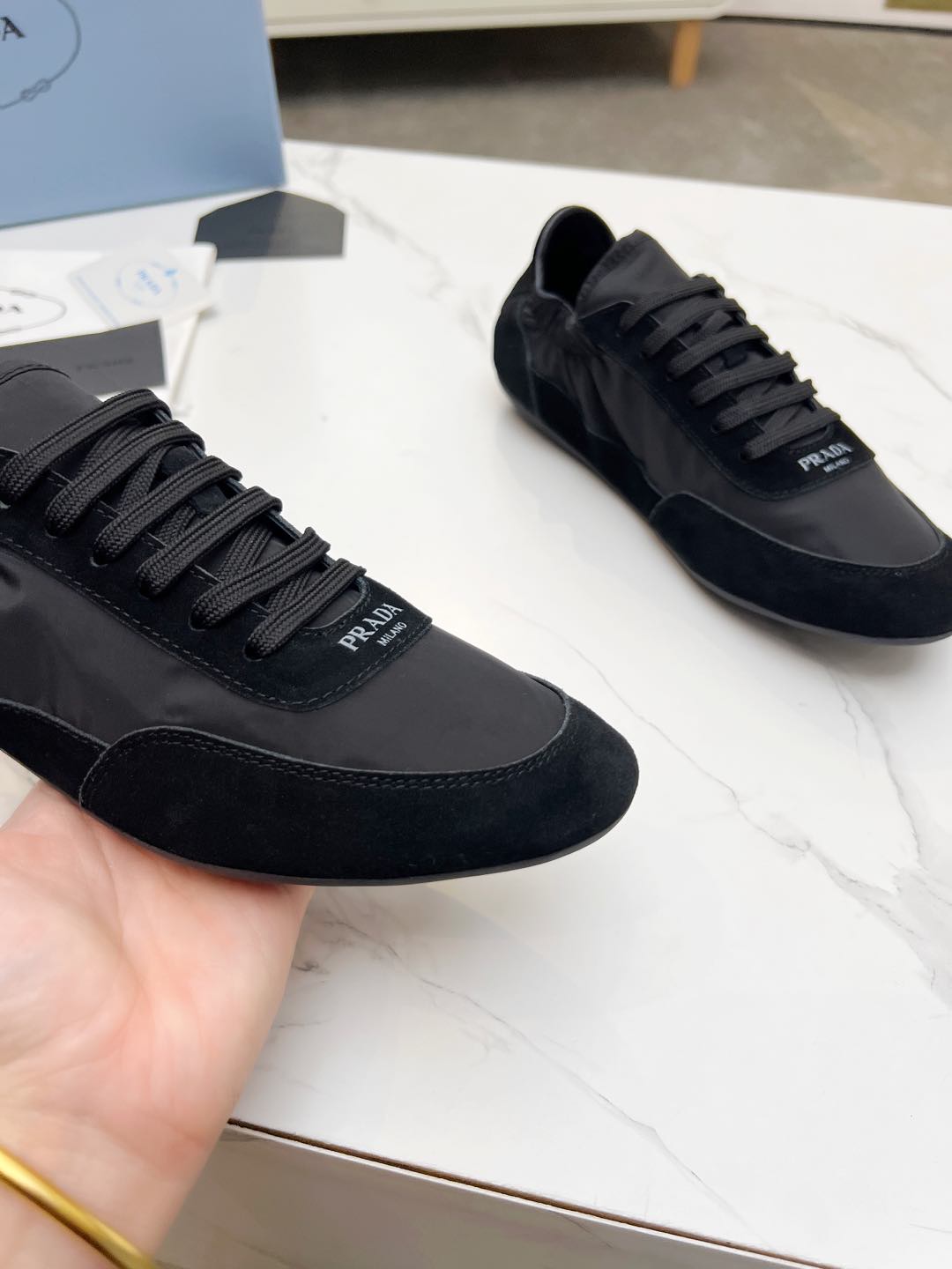 PRADA COLLAPSE SNEAKERS IN BLACK SUEDE AND NYLON