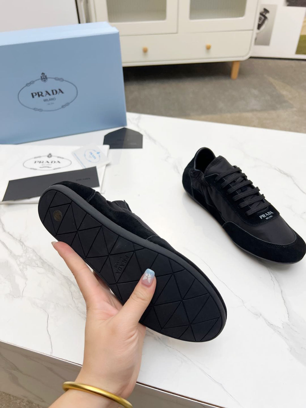 PRADA COLLAPSE SNEAKERS IN BLACK SUEDE AND NYLON