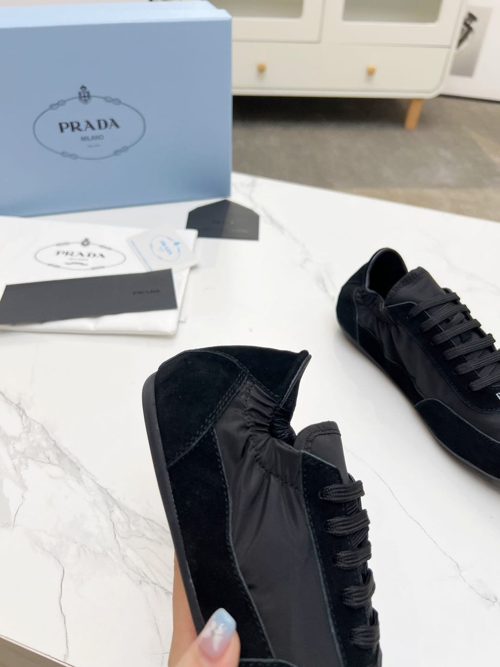 PRADA COLLAPSE SNEAKERS IN BLACK SUEDE AND NYLON