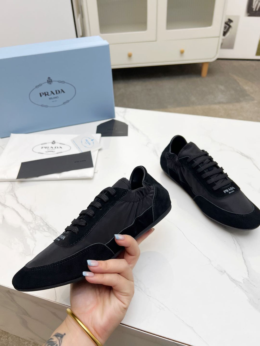 PRADA COLLAPSE SNEAKERS IN BLACK SUEDE AND NYLON