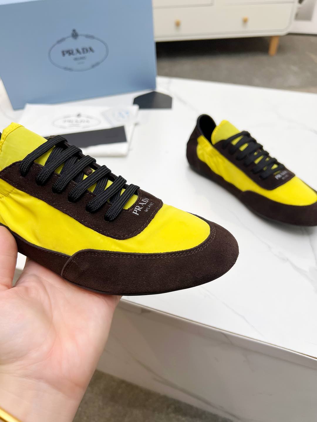 PRADA COLLAPSE SNEAKERS IN CHOCOLATE SUEDE AND YELLOW NYLON