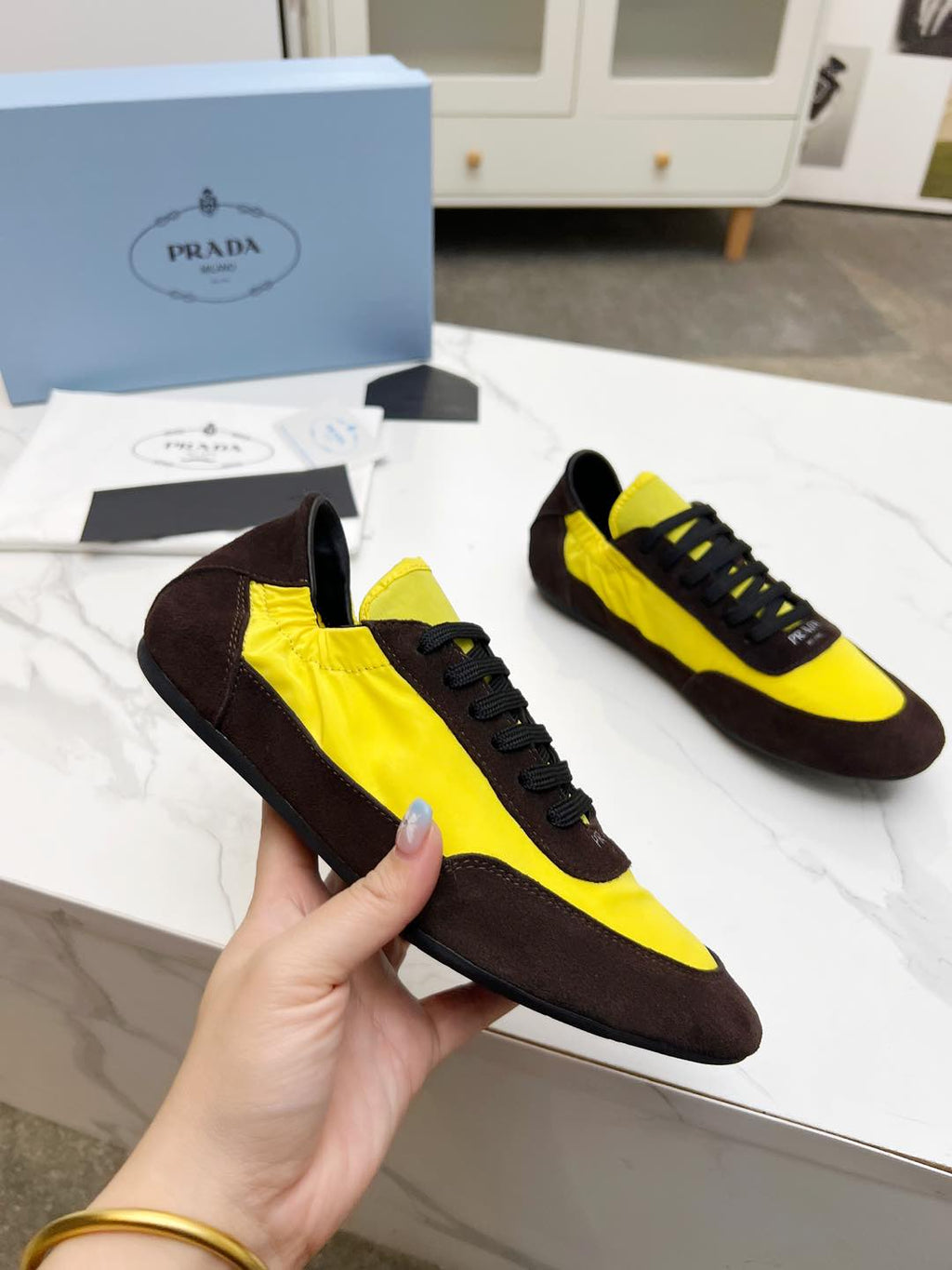 PRADA COLLAPSE SNEAKERS IN CHOCOLATE SUEDE AND YELLOW NYLON