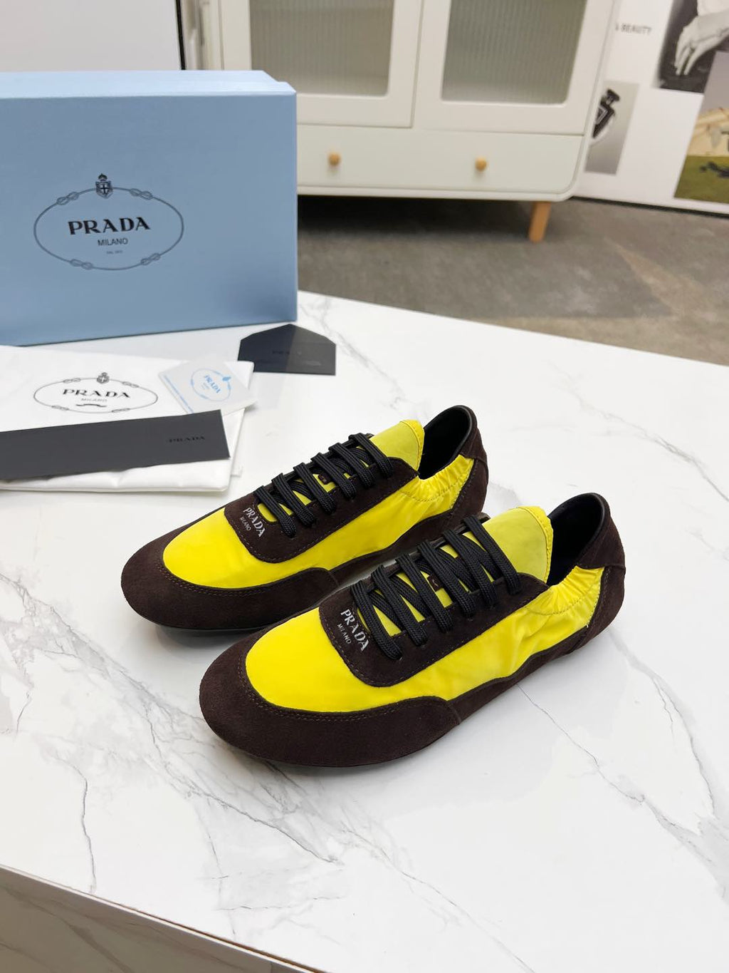 PRADA COLLAPSE SNEAKERS IN CHOCOLATE SUEDE AND YELLOW NYLON