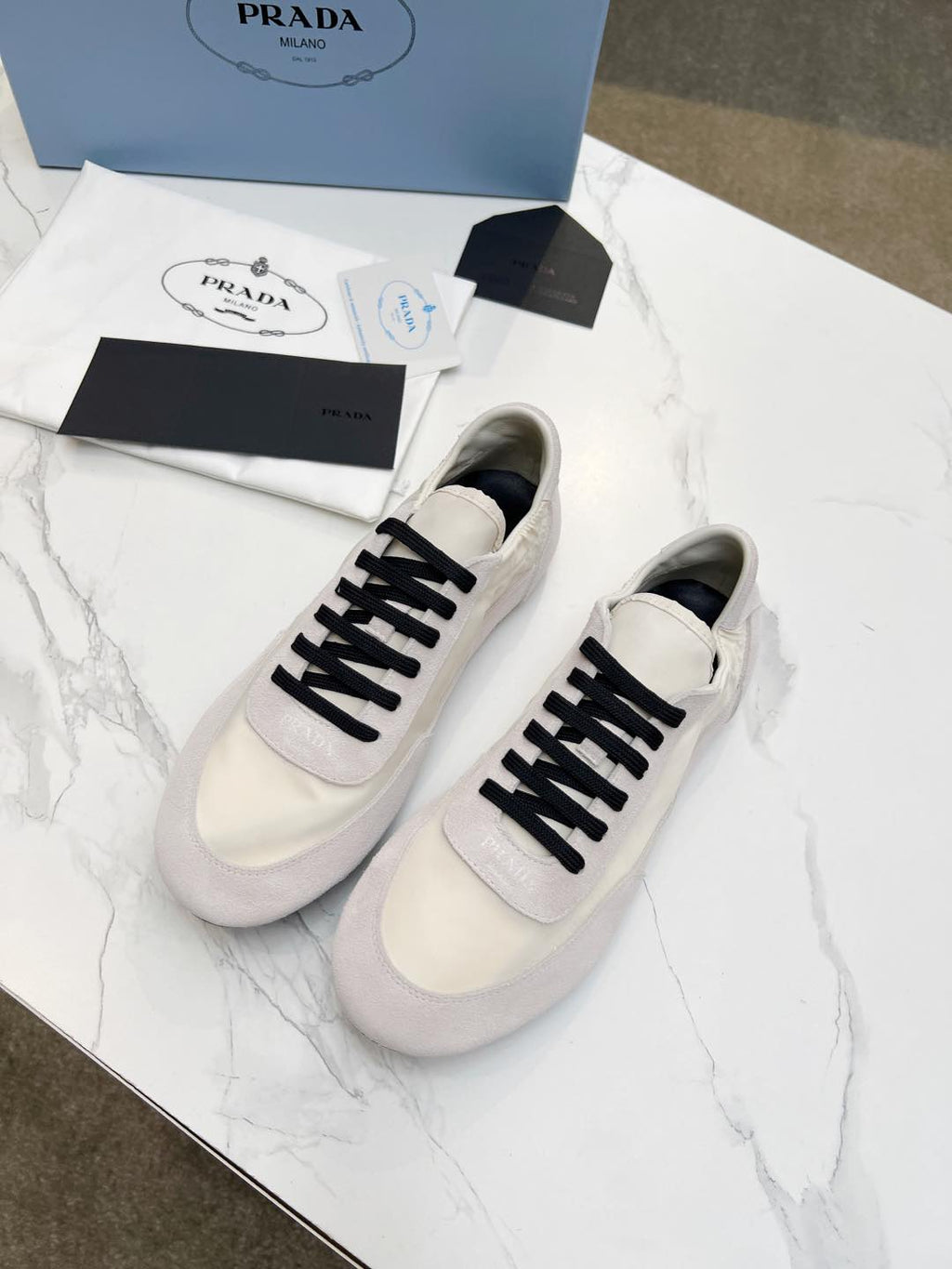 PRADA COLLAPSE SNEAKERS IN BEIGE SUEDE AND NYLON