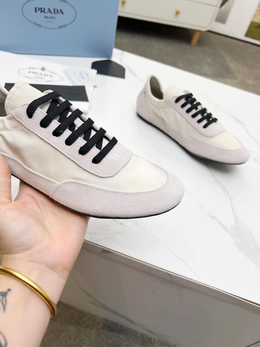 PRADA COLLAPSE SNEAKERS IN BEIGE SUEDE AND NYLON