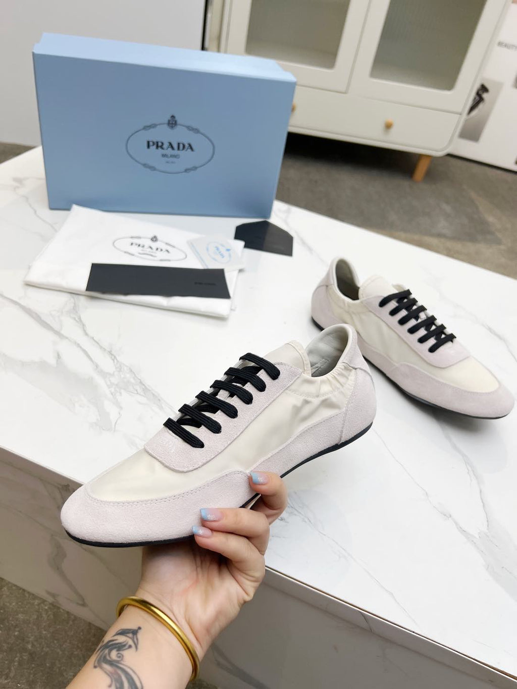 PRADA COLLAPSE SNEAKERS IN BEIGE SUEDE AND NYLON