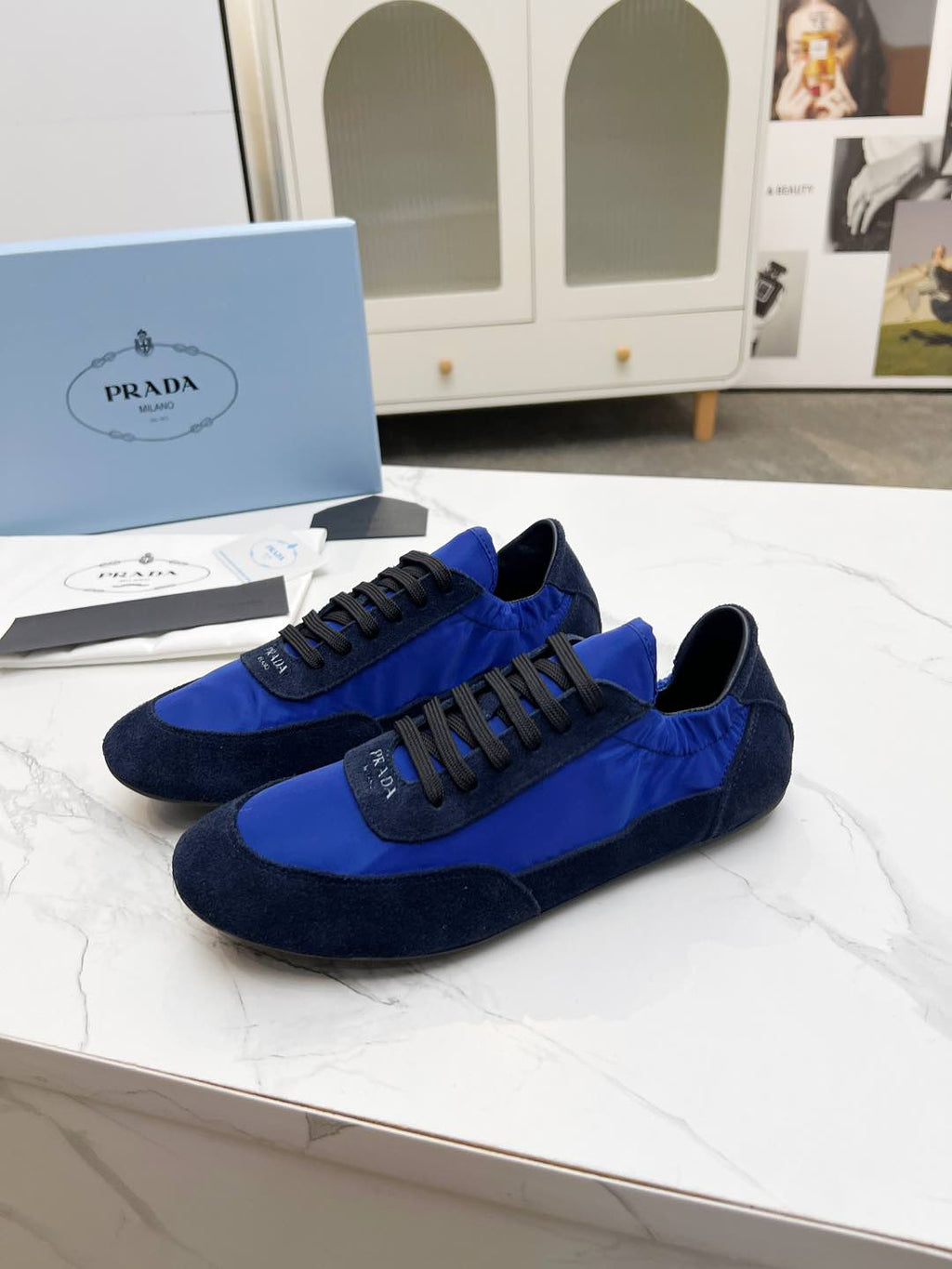 PRADA COLLAPSE SNEAKERS IN BLUE SUEDE AND NYLON