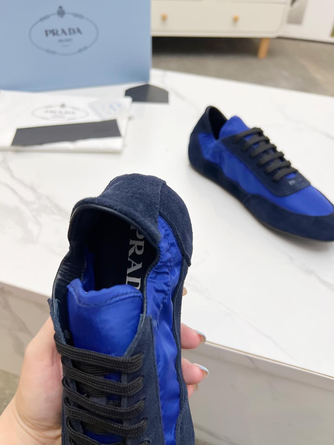 PRADA COLLAPSE SNEAKERS IN BLUE SUEDE AND NYLON
