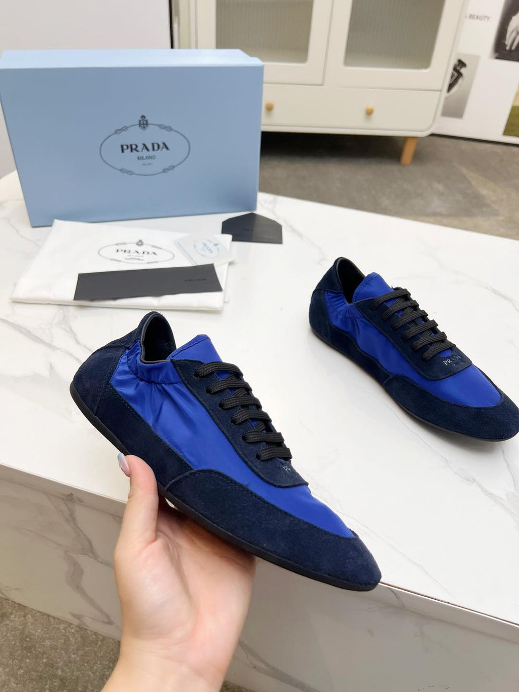 PRADA COLLAPSE SNEAKERS IN BLUE SUEDE AND NYLON
