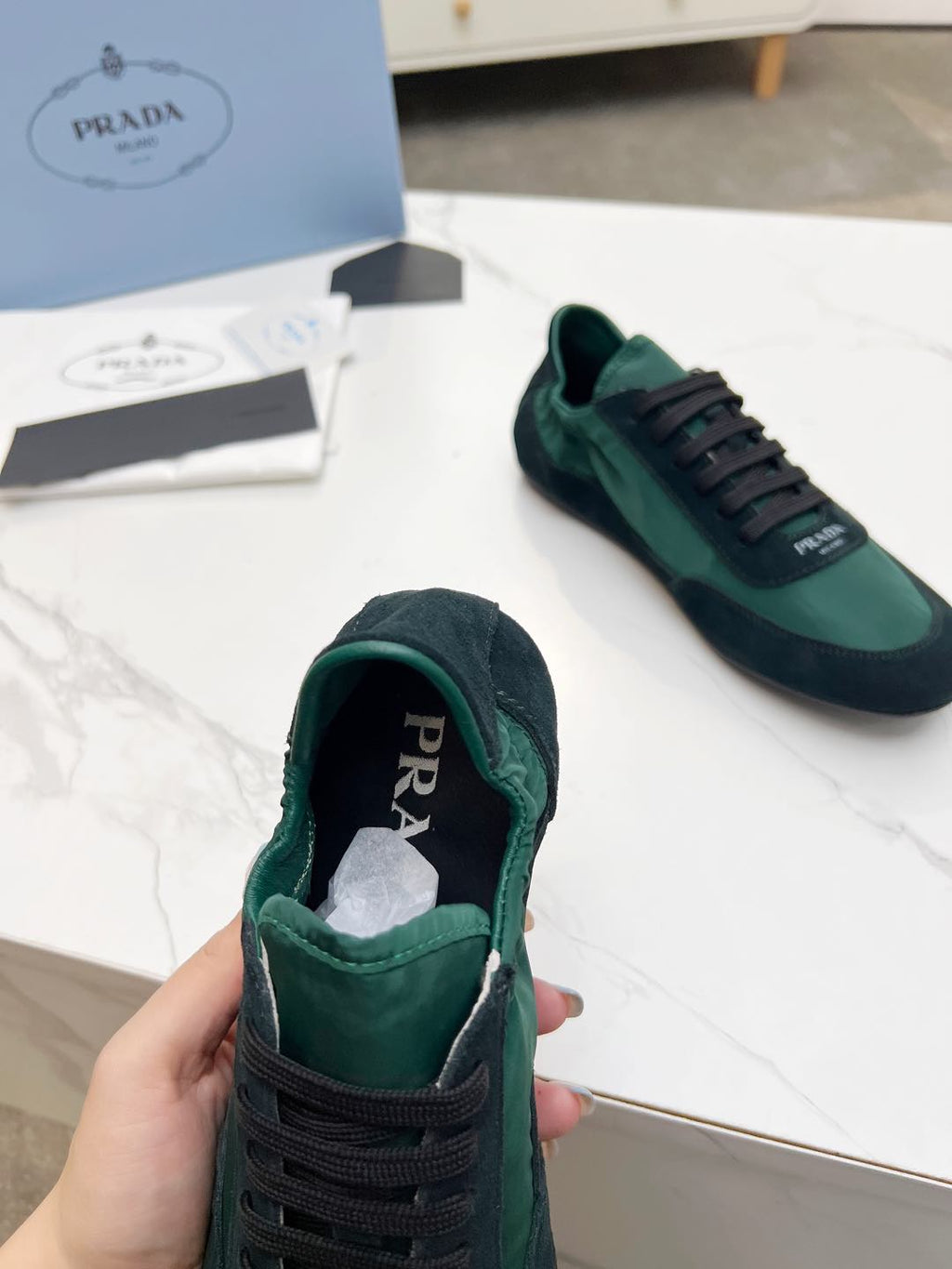 PRADA COLLAPSE SNEAKERS IN BLACK SUEDE AND FOREST GREEN NYLON